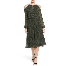 Women S Michael Michael Kors Tweed Print Cold Shoulder Pleat Chiffon 140 Liked On Polyvore Featuri Chiffon Midi Dress Pleated Midi Dress Ladylike Dress