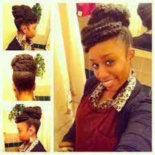 Faux Bun With Bangs Achieved With Marley Braiding Hair May Try This For Inhmd Natural Hair Updo Natural Hair Styles Hair Styles