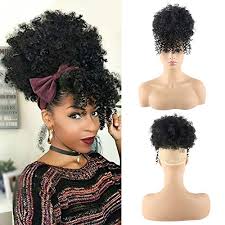 The side swept bangs with volumized ponytail looks mesmerizing. Chooh Afro High Puff Hair Bun Ponytail Drawstring With Bangs Synthetic Short Kinkys Curly Pineapple Pony Tail Clip In On Wrap Updo Hair Extensions For African American Women 1b Buy Online In