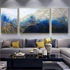 3 Pieces Gold Art Abstract Painting Wall Art Pictures For Etsy Living Room Pictures Living Room Art Blue And Gold Living Room