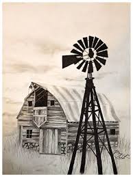 Barn Windmill Drawing Charcoal Ink Art Farm Scene Windmill Drawing Barn Drawing Windmill Art