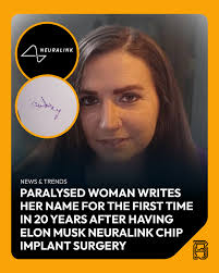 Paralyzed for 20 years, Audrey Crews has now written her name using only  her mind. Thanks to a Neuralink brain implant in her motor cortex, she drew  her signature “Audrey”