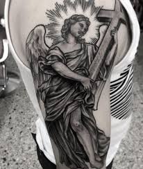 Most angel tattoos can look great on men as well as on women. Angel With Cross Tattoo On Right Half Sleeve