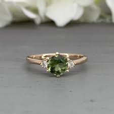 Rose Gold Three Stone Round Natural Olive Green Tourmaline Simulated Dia Simulated Diamond Rings Engagement Sterling Silver Promise Rings Rose Gold Three Stone