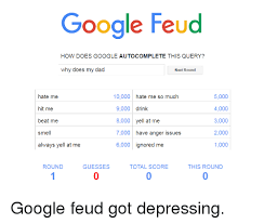 A recommendation provided to resolve that contradiction is to try to surprise the. Google Feud How Does Google Autocomplete This Query Why Does My Dad Next Round 5000 Hate Me 10000 Hate Me So Much 4000 Hit Me 9000 Drink 3000 Beat Me 8000 Yell