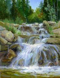 Scene with waterfall and lake. Original Art For Sale At Ugallery Com Waterfall On Lake Creek Trail By Cecy Turner 450 Abstract Landscape Painting Waterfall Paintings Landscape Paintings