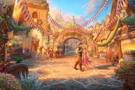 This 1,000 piece jigsaw tells the entire story of disney's tangled in one image. Rapunzel Dancing In The Sunlit Courtyard Limited Edition Canvas Thomas Kinkade Studios