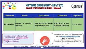 Optimus Drugs Pvt Ltd Walk In Interviews For Production On 31st Oct 2020 Pharmaceutical Guidance