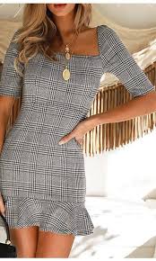 I M Popular Grey White Plaid Pattern Elbow Sleeve Square Neck Ruffle Trim Bodycon Casual Mini Dress Sold Out Mini Dress Casual Grey Dresses Casual Fashion