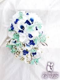 Bouquets for mint and navy wedding. Dress My Wedding Cascading Bouquet With Mint And Navy