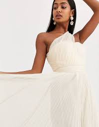 Asos Design One Shoulder Tulle Wired Hem Maxi Dress In Cream Asos
