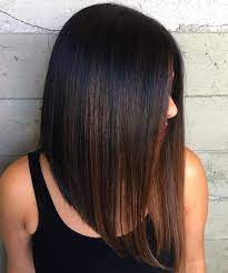 Black Sleek Angled Lob With Brown Balayage Line Bob Haircut Bob Hairstyles Long Bob Haircuts
