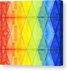 Geometric artwork on gray wall. Watercolor Rainbow Pattern Geometric Shapes Triangles Canvas Print Canvas Art By Olga Shvartsur