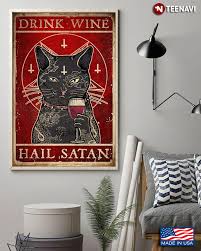 Vintage Black Cat With Tattoos Drinking Red Wine Drink Wine Hail Satan Canvas Poster Teenavi
