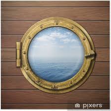Poster Fenetre De Bateau Ou Hublot Avec Vue Mer Ou Horizon De L Ocean Sur Le Mur De Bois Pixers Nous Vivons Pour Changer Mur En Bois Bateau Fenetre