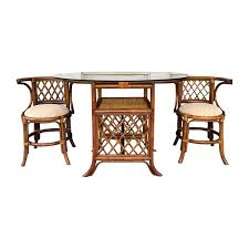 Stylifing dining table and chairs set round clear glass top crisscrossing chrome metal legs kitchen table and 4 sled based grey faux leather chairs dining set home kitchen office waiting room use. Bamboo Rattan Wicker Cane Table And Chair Set Or Dining Set With Glass Top 1970s At 1stdibs