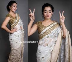 Actresses fashion at jio filmfare awards(south) 2018. Rashmika Mandanna In A White Saree At Behindwood Gold Medal Awards