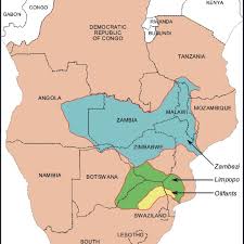 It then turns west and south to run over about 280 km through angola and reenters zambia with an annual discharge of nearly 18 km 3. Map Of Southern Africa Showing Drainage Basins Of The Zambezi Download Scientific Diagram