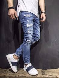 Adj Men Slim Fit Ala Ripped Destroyed Jeans Light Blue Mens Outfits Ripped Jeans Men White Jeans Men