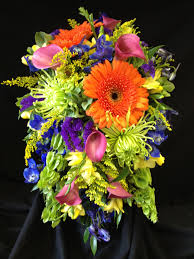 Cascade Bouquet Created With Green Bells Of Ireland Green Fugi Mums Orange Gerbera Daisies Purple Statice Pink Pink Calla Lilies Beautiful Flowers Flowers