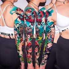 Black And White Sleeve Tattoo With Colour New School Tattoo Coloured Animated Characters Quarter Sleeve Tattoo White Sports Bra Black Pants In 2020 New School Tattoo Sleeve Tattoos Girls With Sleeve Tattoos