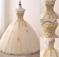 New Gold Appliques Quinceanera Dress Formal Sweet 16 Prom Party Pageant Gowns White Quinceanera Dresses Sweet 15 Dresses Sweet Sixteen Dresses