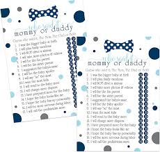 Amazon.com: Bow Tie Baby Shower Mommy or Daddy Game (25 Pack) Activity  Cards for Guests to Guess Which Parent Said It Little Man Theme Blue and  Gray Printed Set : Home &