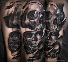 Half face pink gitter skull halloween make up! Ripped Skin Horror Girl Face With Skulls Tattoo On Half Sleeve Skull Sleeve Tattoos Skull Sleeve Tattoos For Guys