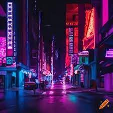 Neon lit streets of an 80's future, synthwave look on Craiyon