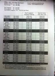 Feri terawal bermula pada pukul 7 pagi dan trip terakhir pada pukul 7 petang. Facebook