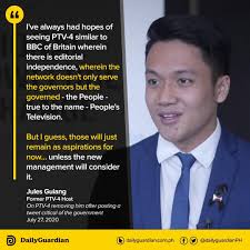 PTV-4 HOST RELEASES STATEMENT ON HIS REMOVAL Former PTV-4 host Jules  Guiang, who was removed from the government-owned network after he posted a  tweet critical of the government, has released a statement