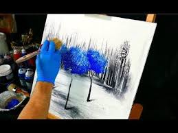 3 Blue Trees On Black And White Ice Painting Video Step By Step Demo Ice Painting Blue Tree Abstract Painting Acrylic
