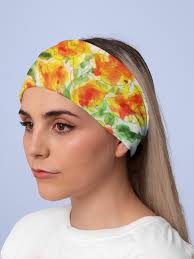 Wide Headband Orange Green Gaiter Face Cover Neck Accent Colorful Flowers 