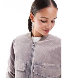 Daisy Street Washed Cord Utility Bomber Jacket in Gray