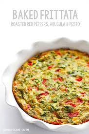 Baked Frittata With Roasted Red Peppers Arugula And Pesto Recipe Baked Frittata Stuffed Peppers Frittata Recipes