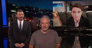 Jon stewart crashes jimmy kimmel's interview with bar mitzvah kid. Jon Stewart Crashes Jimmy Kimmel With Bar Mitzvah Boy Time