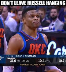 Russell westbrook responds to a seemingly stupid reporter question. Nba Memes Russell Westbrook Was Left Hanging By Steven Adams Facebook
