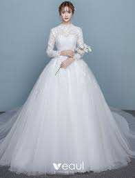 Ball gown long sleeves court train v neck tulle wedding dresses. Vintage Wedding Dresses 2017 High Neck Long Sleeves Applique Lace Bridal Gowns