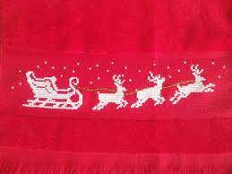 Pretty, decorative border is trimmed with vertical satin bars that will highlight your stitching. Holiday Towel Sleigh And Reindeer White And Red Christmas Hand Towel Velour Guest Bath Kitchen Holiday Completed Cross Stitch Bathroom Xmas Christmas Hand Towels Holiday Towel Cross Stitch