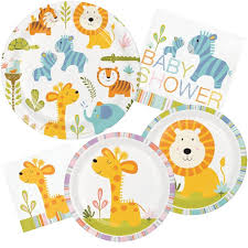 You get 24 large dinner the kit comes with 25 dinner plates, 25 dessert plates, 25 paper cups, 25 napkins and 25 sets of gold plastic cutlery. Happy Jungle Baby Shower Party At Lewis Elegant Party Supplies Plastic Dinnerware Paper Plates And Napkins