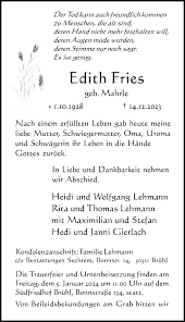 Traueranzeigen von Edith Fries