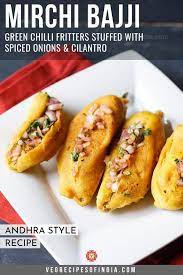 Mirchi Bajji Green Chilli Fritters Stuffed With Spiced Onions Cilantro Recipes Veg Recipes Of India Andhra Recipes