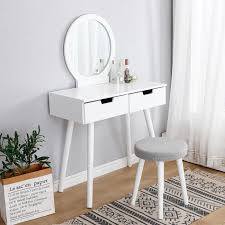 . faire des essais de maquillage dans sa salle . Coiffeuse Table De Maquillage Avec Miroir Rond Et 2 Tiroirs 1 Tabouret Pour Chambre Dressing Cdiscount Maison
