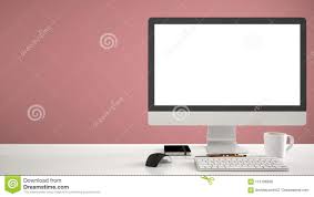 Desktop Mockup Template Computer On Work Desk With Blank Screen Keyboard Mouse And Notepad With P Computer Work Desk Computer Work Desk