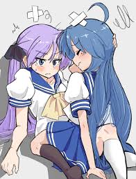 hiiragi kagami, izumi konata, lucky star, highres, 2girls, blue eyes, blue  hair, blue skirt, closed eyes, looking at another, moccaexe, mole, mole  under eye, multiple girls, purple hair, school uniform, shadow, skirt,