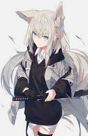 nagishiro mito, original, commentary request, highres, 1girl, animal ear  fluff, animal ears, black gloves, black hoodie, blue eyes, closed mouth,  collared shirt, drawstring, dress shirt, gloves, grey background, grey  hair, grey jacket,