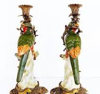 Vintage Bronze gemalt Porzellan exotischen Vogel Kerzenhalter, Paar