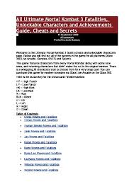 46 rows · oct 22, 2006 · for ultimate mortal kombat 3 on the xbox 360, gamefaqs has 65 cheat … All Ultimate Mortal Kombat 3 Fatalities Doc Vlr03zro2plz