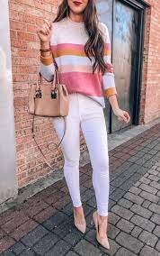 Cute Pink Stripe Sweater And White Jeans Winter Outfit Striped Sweater Outfit Outfits Stripe Outfits