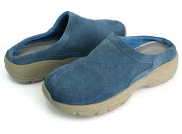 lands end womens blue leather slip on low wedge clog shoes